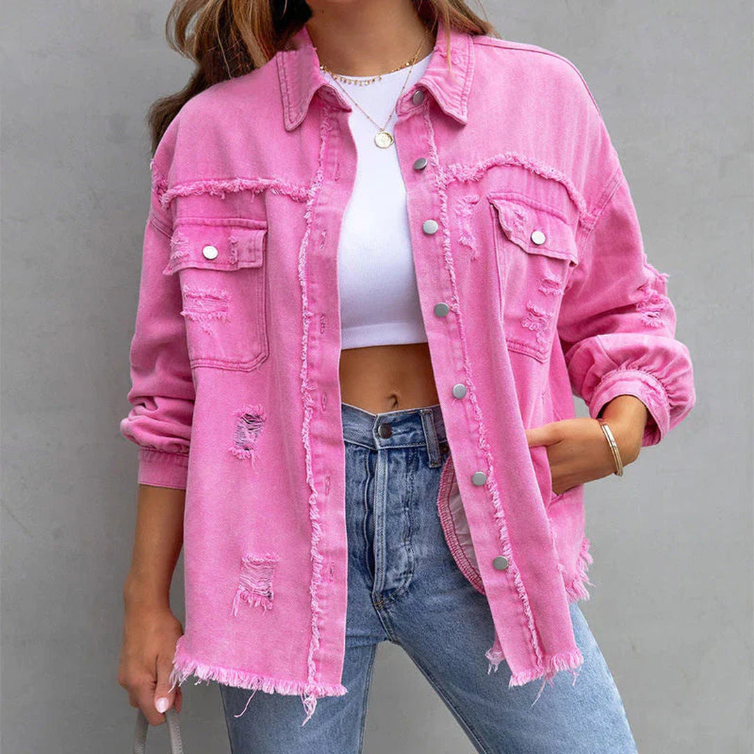 Women's Frayed Denim Jacket – Relaxed Distressed Cotton – view 2