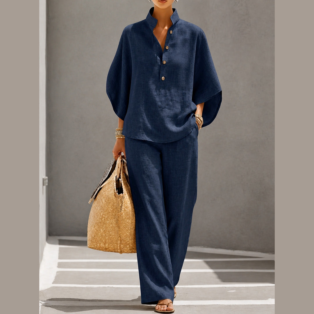 Women's Linen Blend Two-Piece Co-ord Set – Relaxed Summer Style – Navy