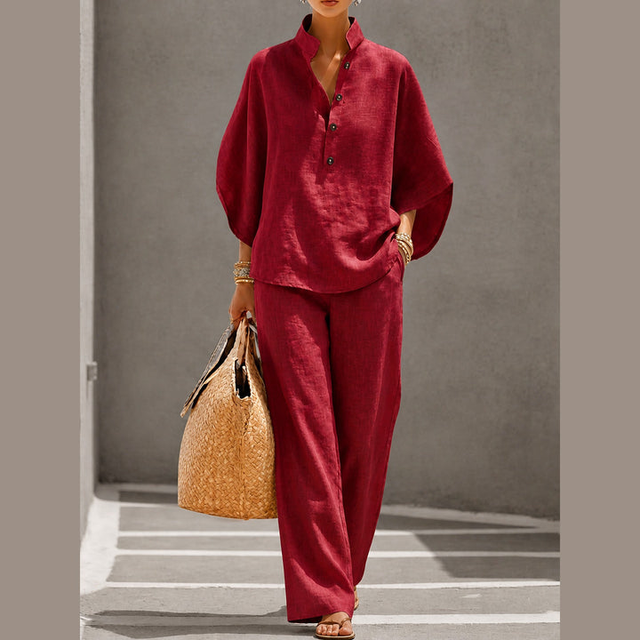 Women's Linen Blend Two-Piece Co-ord Set – Relaxed Summer Style – Red