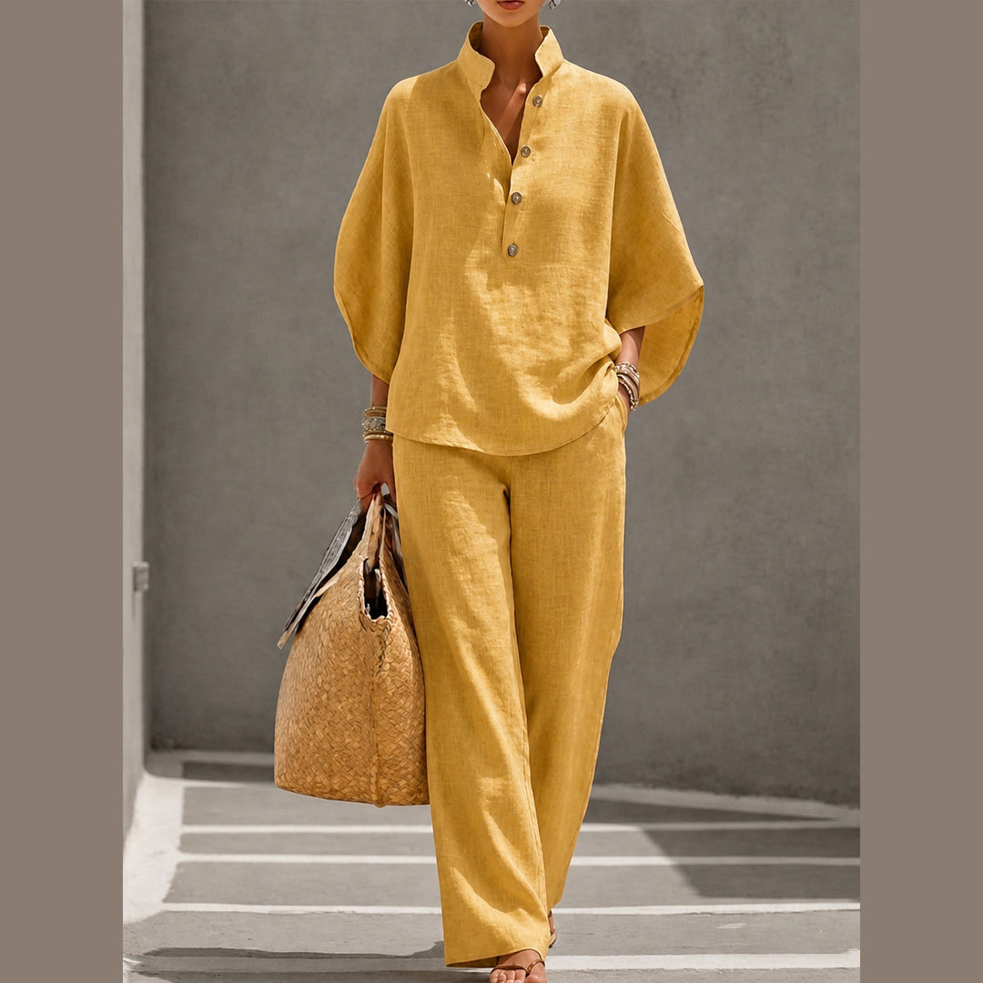 Women's Linen Blend Two-Piece Co-ord Set – Relaxed Summer Style – Yellow
