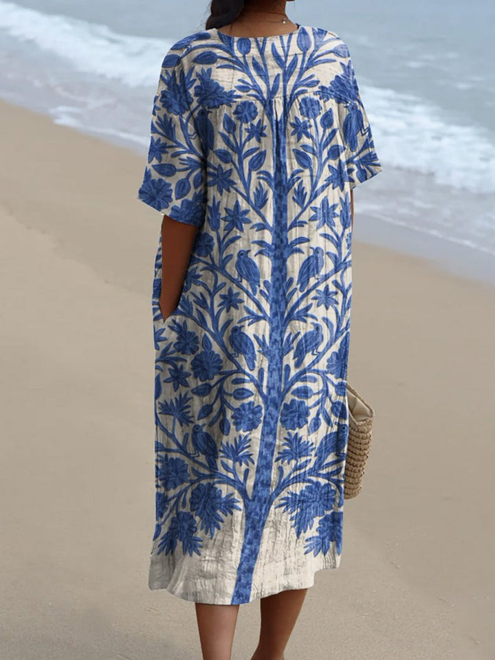Women's Cotton Vintage Floral V-Neck Loose Fit Dress - Summer Strolls