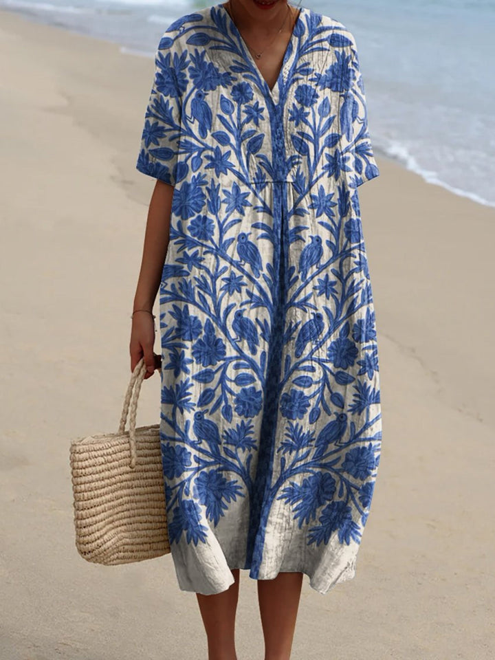 Women's Cotton Vintage Floral V-Neck Loose Fit Dress - Summer Strolls